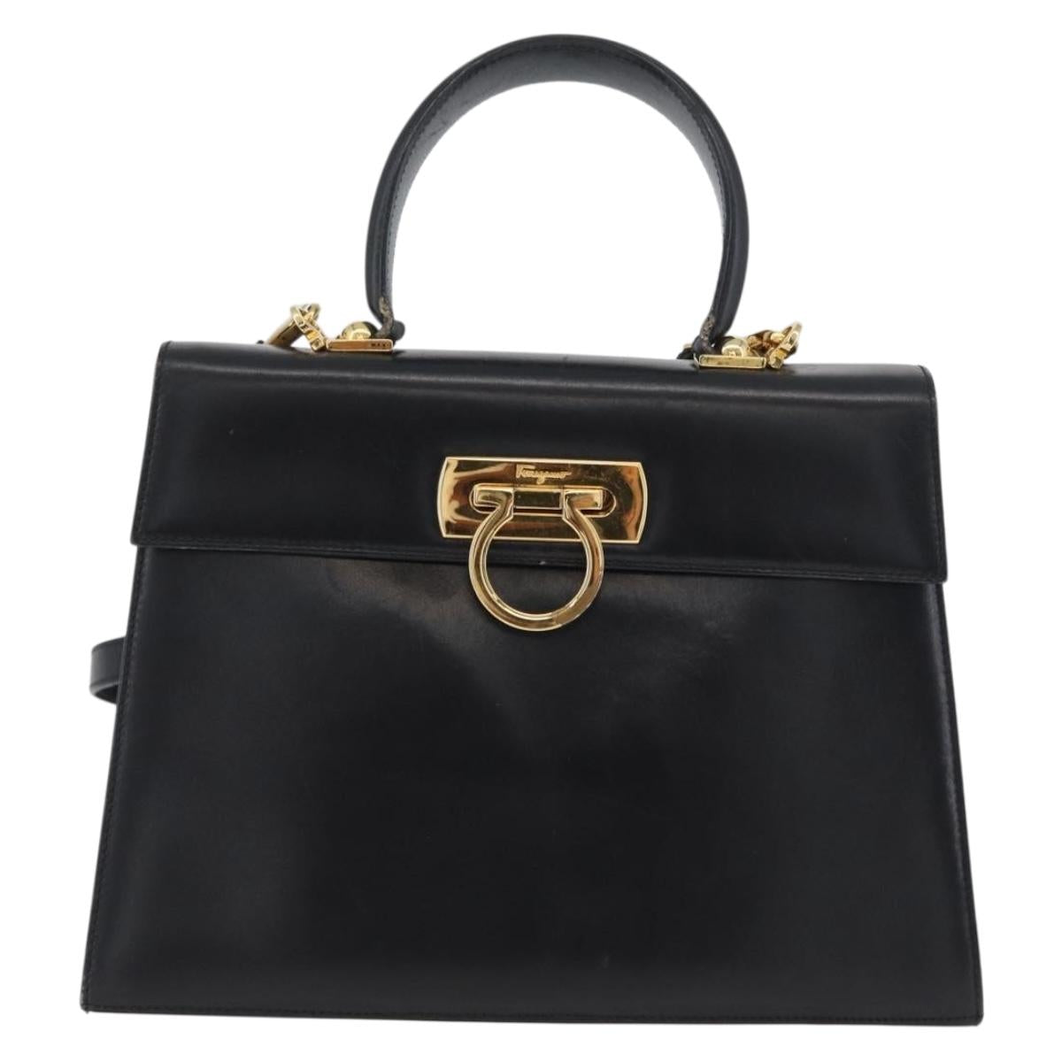 Salvatore Ferragamo Gancini Hand Bag Leather 2way Black Gold Auth ARZ416