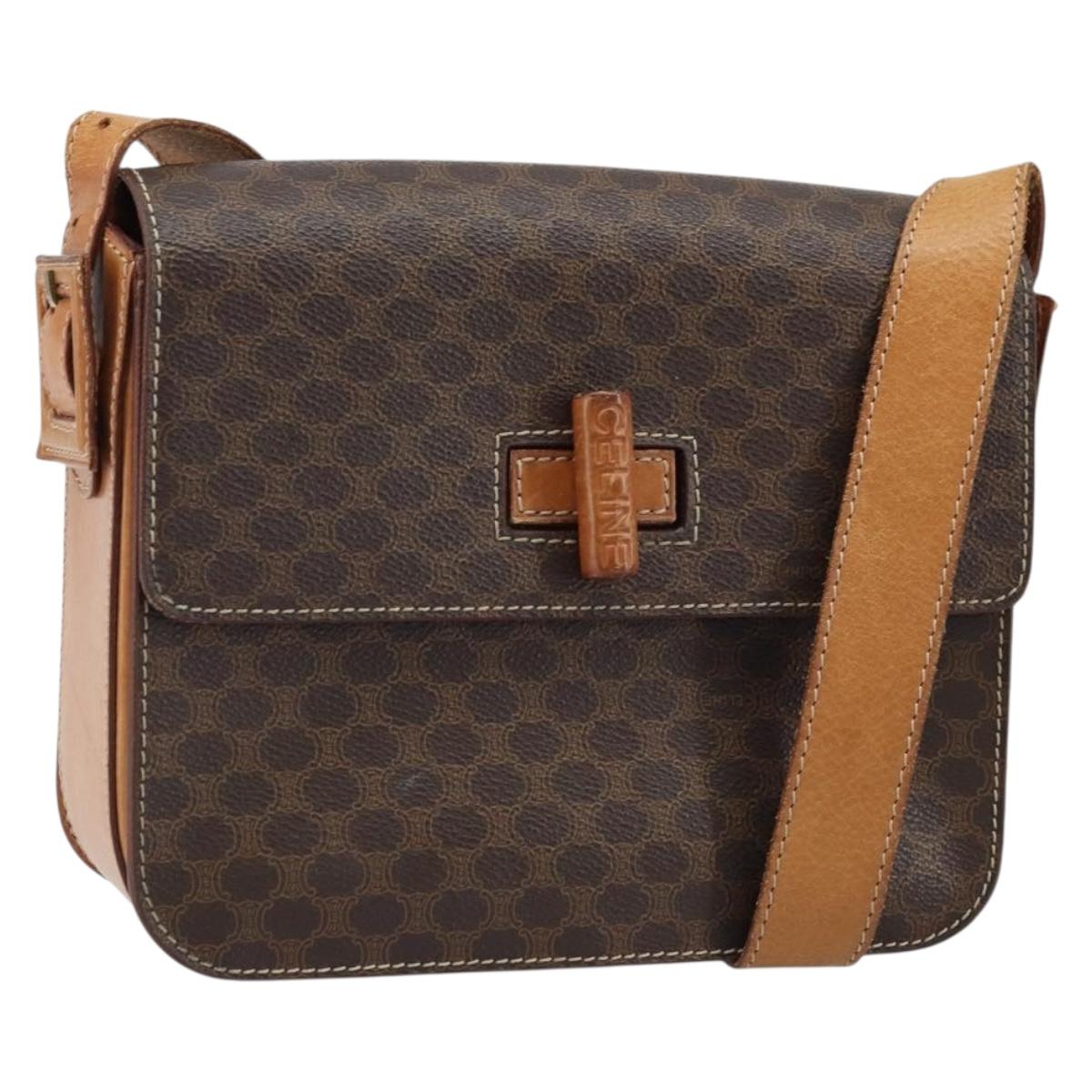 CELINE Macadam Canvas Shoulder Bag PVC Leather Brown Gold Auth ARZ423