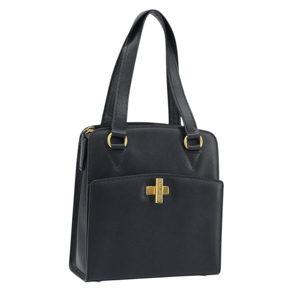 CELINE Hand Bag Leather Black Gold Auth ARZ426A