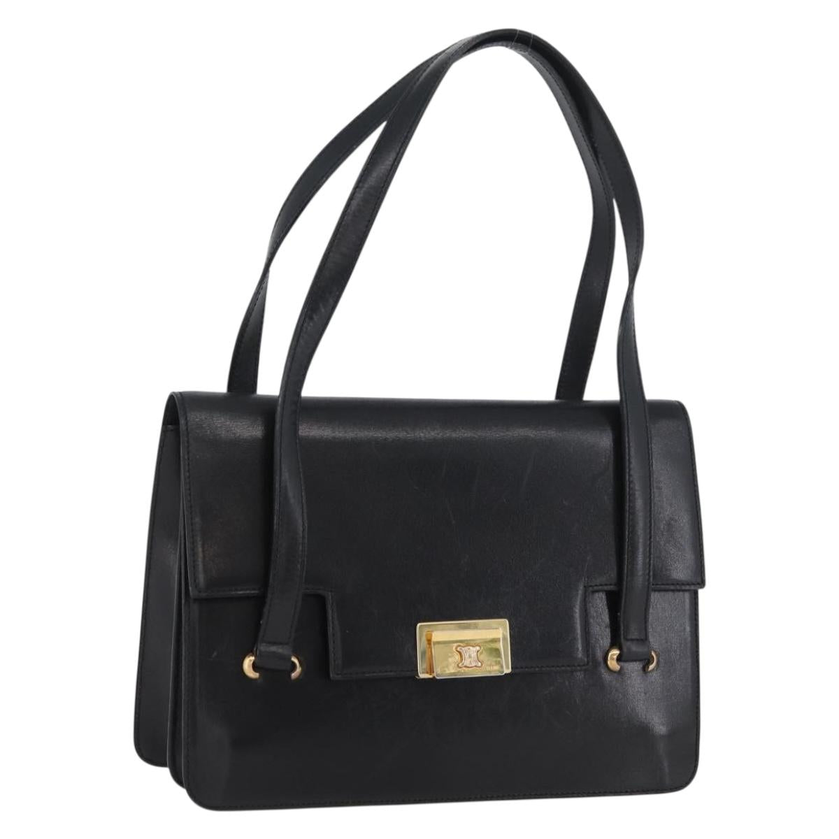 CELINE Hand Bag Leather Black Gold Auth ARZ427