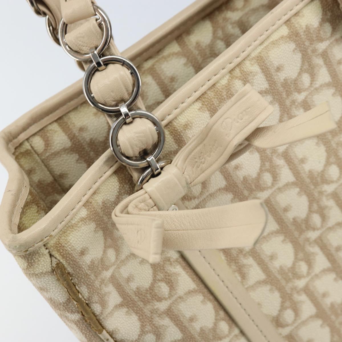 Christian Dior Trotter Canvas Romantic Hand Bag PVC Beige Silver Auth ARZ438