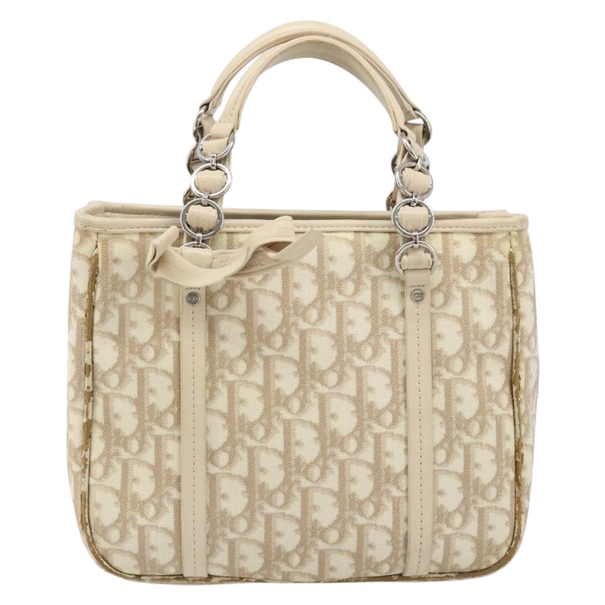 Christian Dior Trotter Canvas Romantic Hand Bag PVC Beige Silver Auth ARZ438