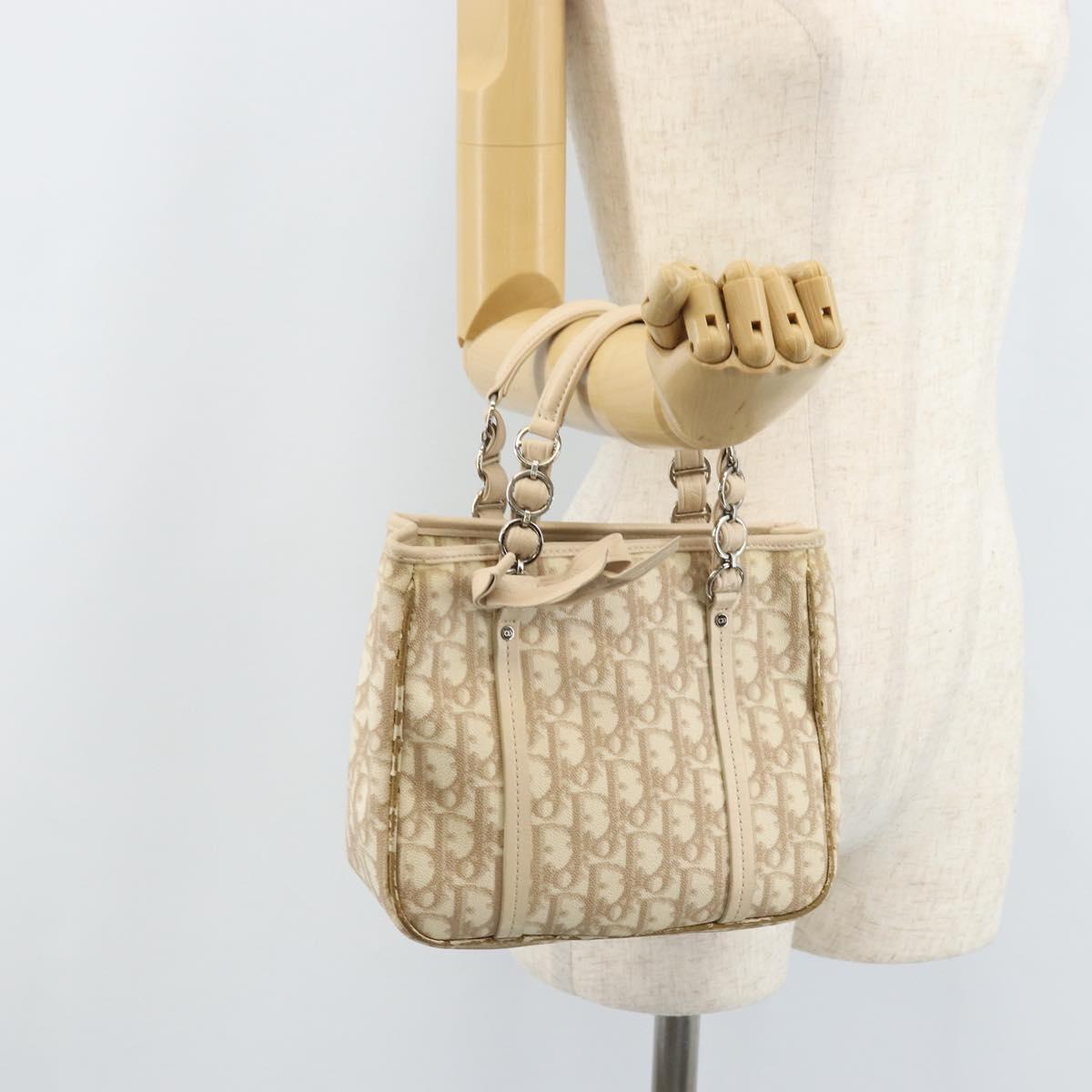 Christian Dior Trotter Canvas Romantic Hand Bag PVC Beige Silver Auth ARZ438