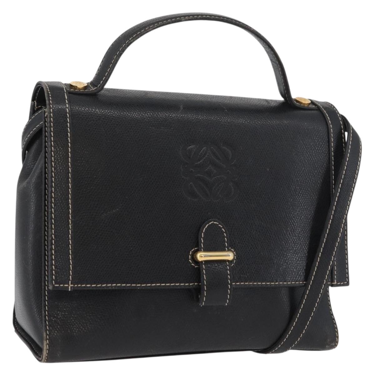LOEWE Anagram Hand Bag Leather 2way Black Gold Auth ARZ441