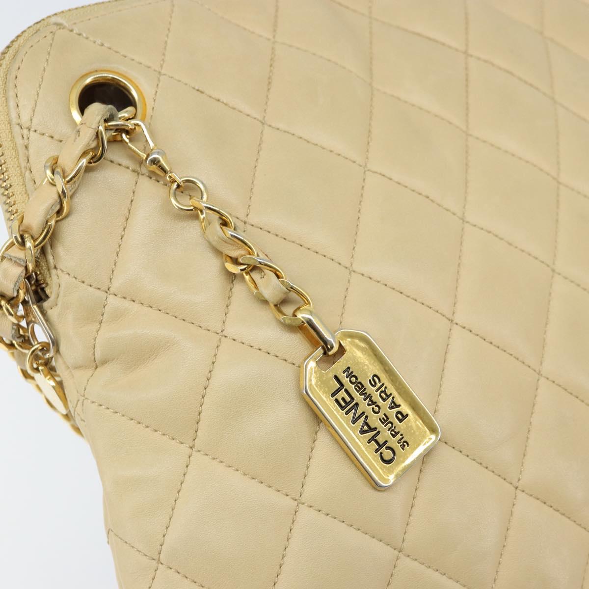 CHANEL Matelasse Chain Shoulder Tote Bag Lamb Skin Beige Gold CC Auth ARZ444