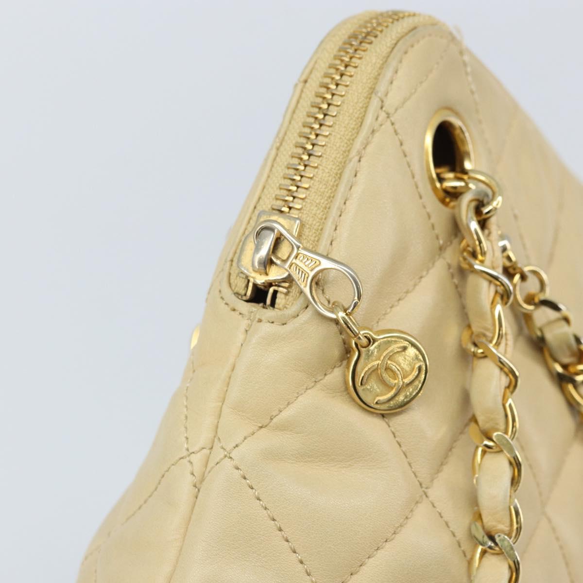 CHANEL Matelasse Chain Shoulder Tote Bag Lamb Skin Beige Gold CC Auth ARZ444