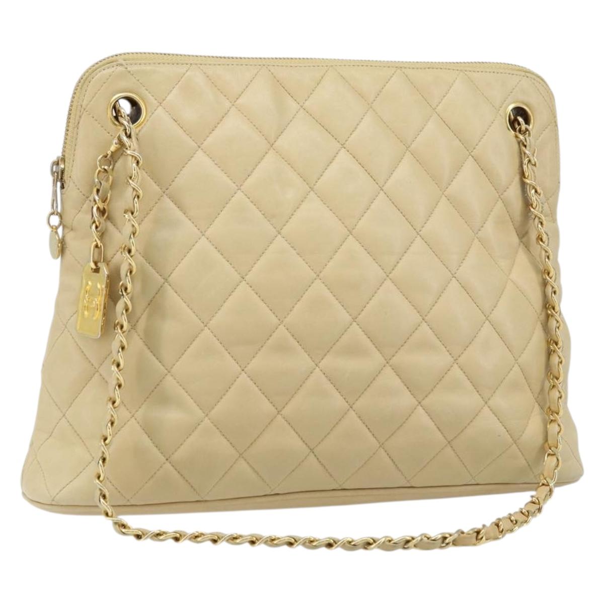 CHANEL Matelasse Chain Shoulder Tote Bag Lamb Skin Beige Gold CC Auth ARZ444