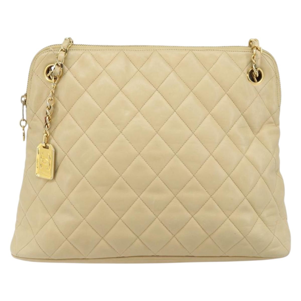 CHANEL Matelasse Chain Shoulder Tote Bag Lamb Skin Beige Gold CC Auth ARZ444
