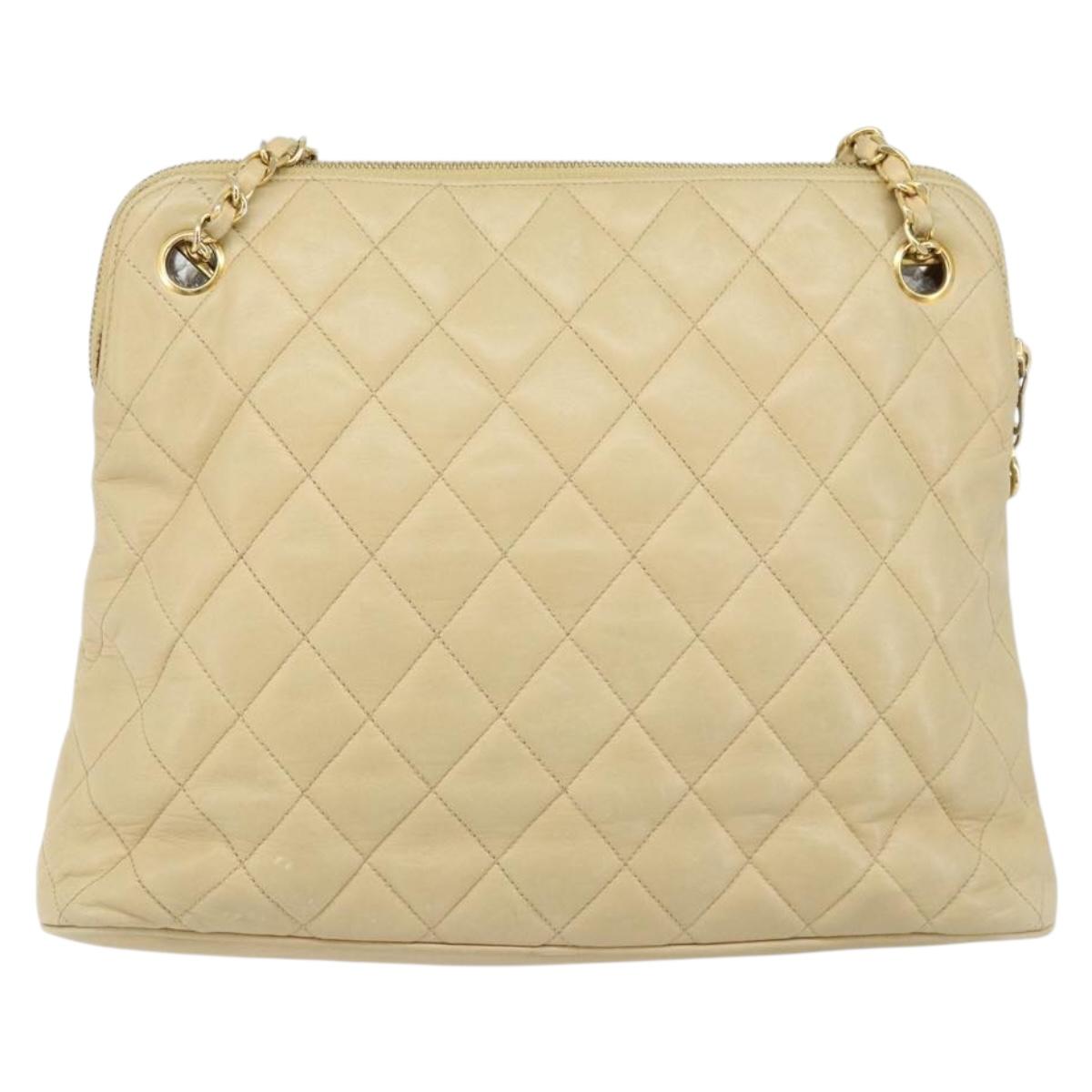 CHANEL Matelasse Chain Shoulder Tote Bag Lamb Skin Beige Gold CC Auth ARZ444