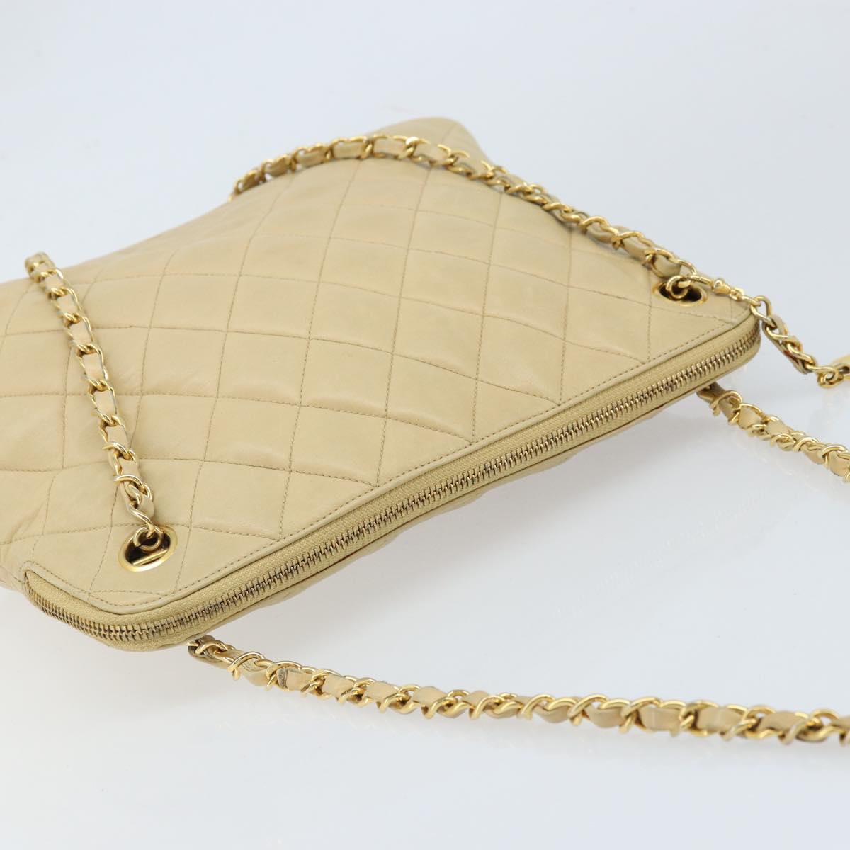 CHANEL Matelasse Chain Shoulder Tote Bag Lamb Skin Beige Gold CC Auth ARZ444