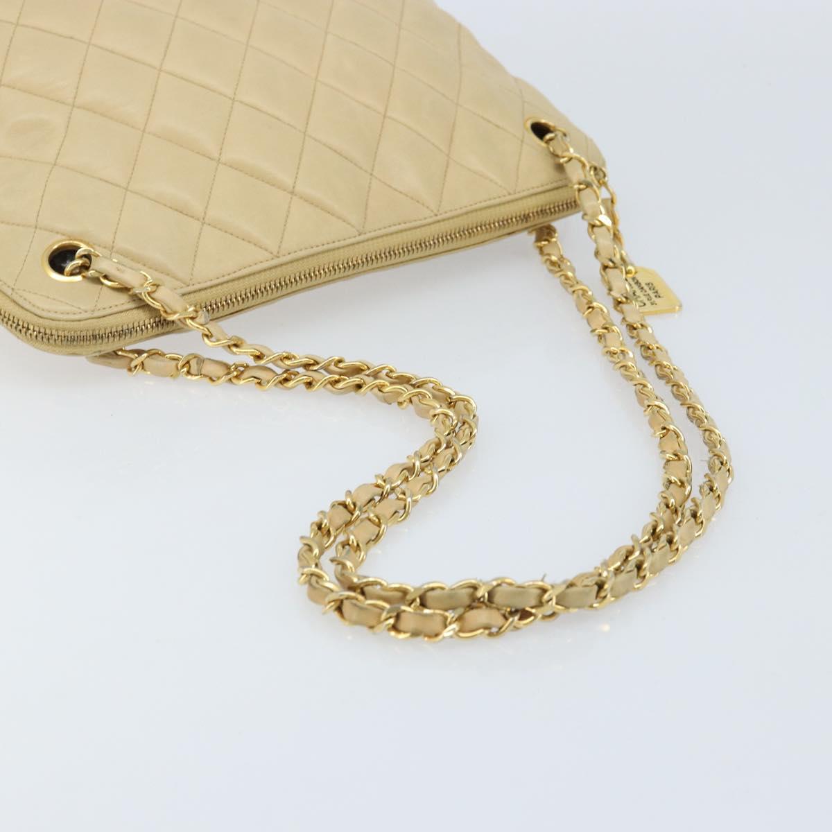 CHANEL Matelasse Chain Shoulder Tote Bag Lamb Skin Beige Gold CC Auth ARZ444