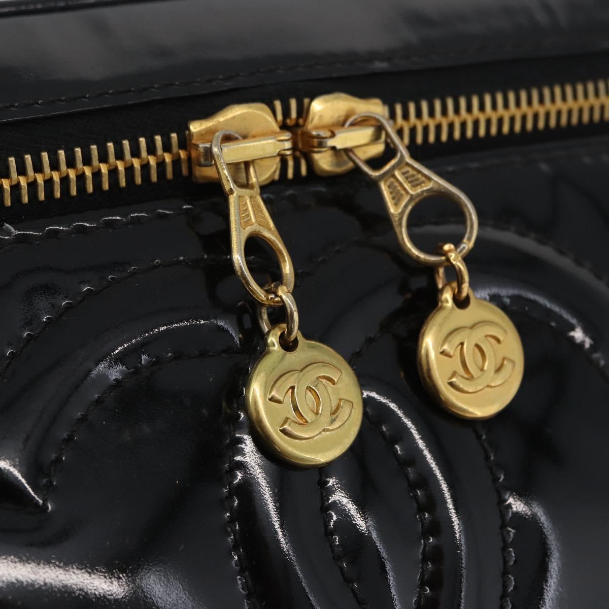 CHANEL COCO Mark Vanity Hand Bag Patent leather 2way Black Gold CC Auth ARZ446
