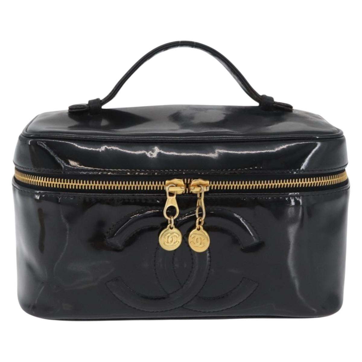 CHANEL COCO Mark Vanity Hand Bag Patent leather 2way Black Gold CC Auth ARZ446