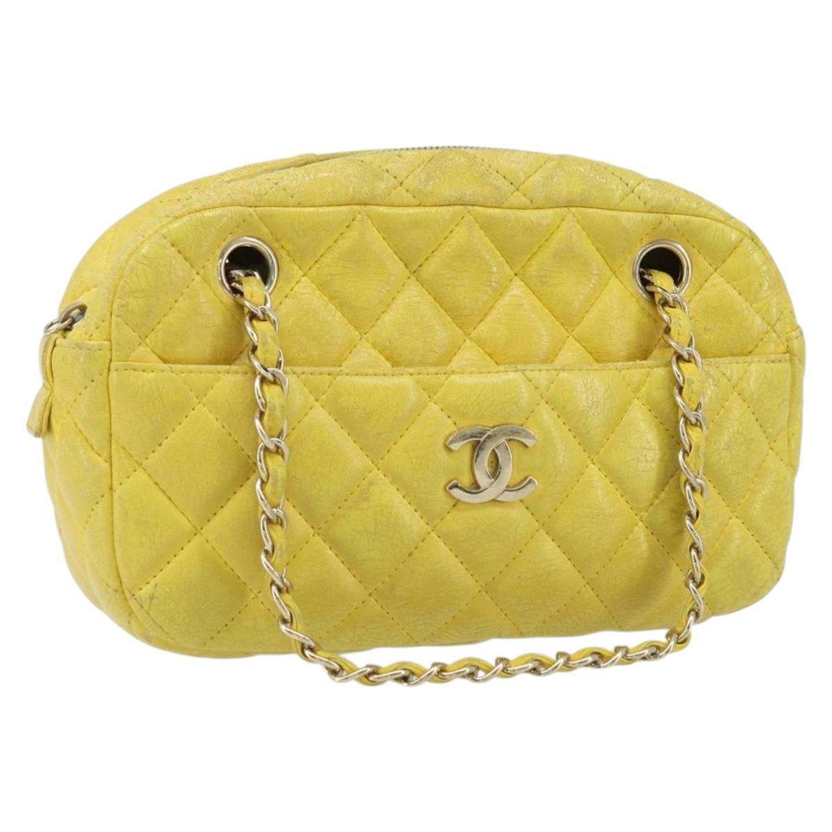 CHANEL Matelasse Chain Shoulder Bag Lamb Skin Yellow Gold CC Auth ARZ447