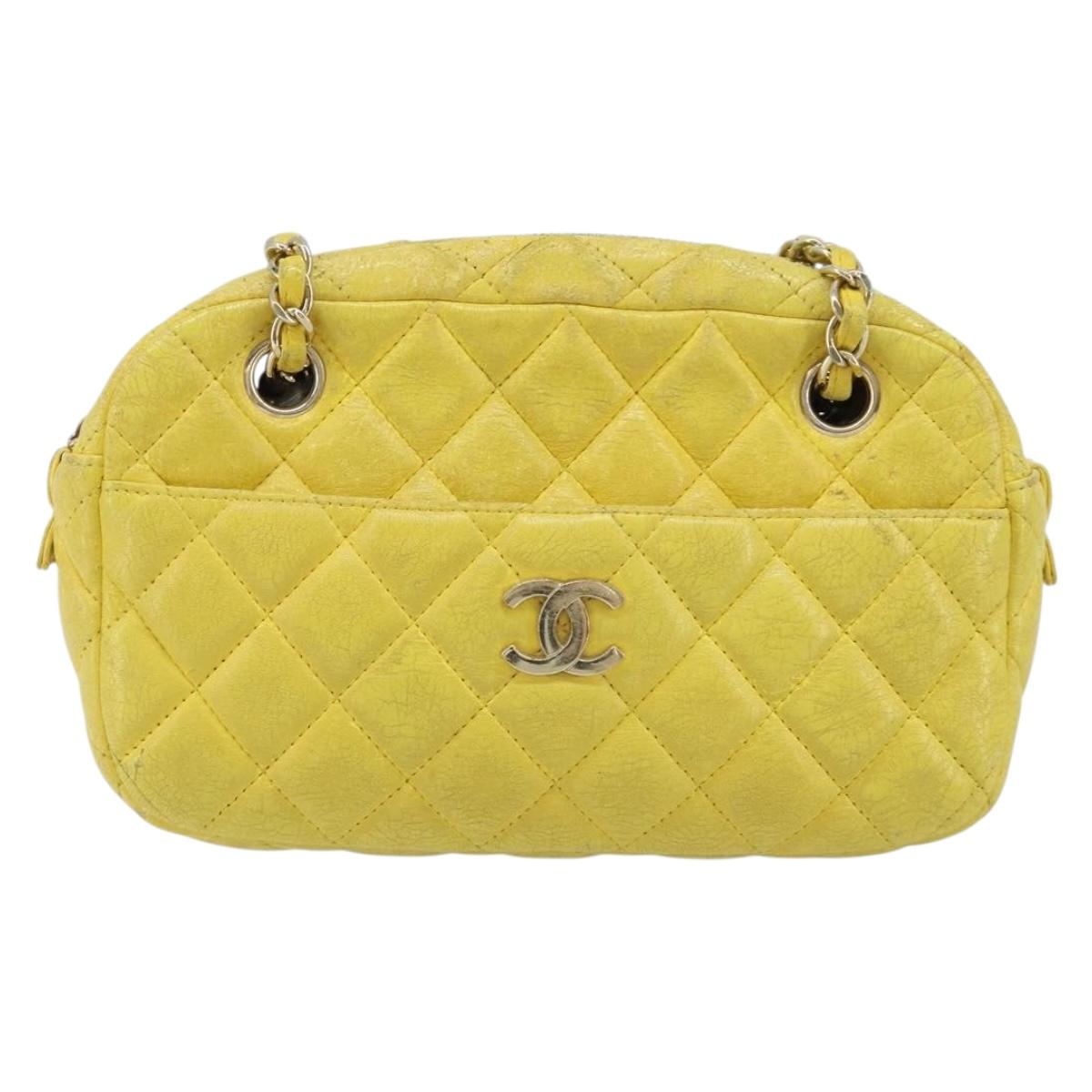 CHANEL Matelasse Chain Shoulder Bag Lamb Skin Yellow Gold CC Auth ARZ447