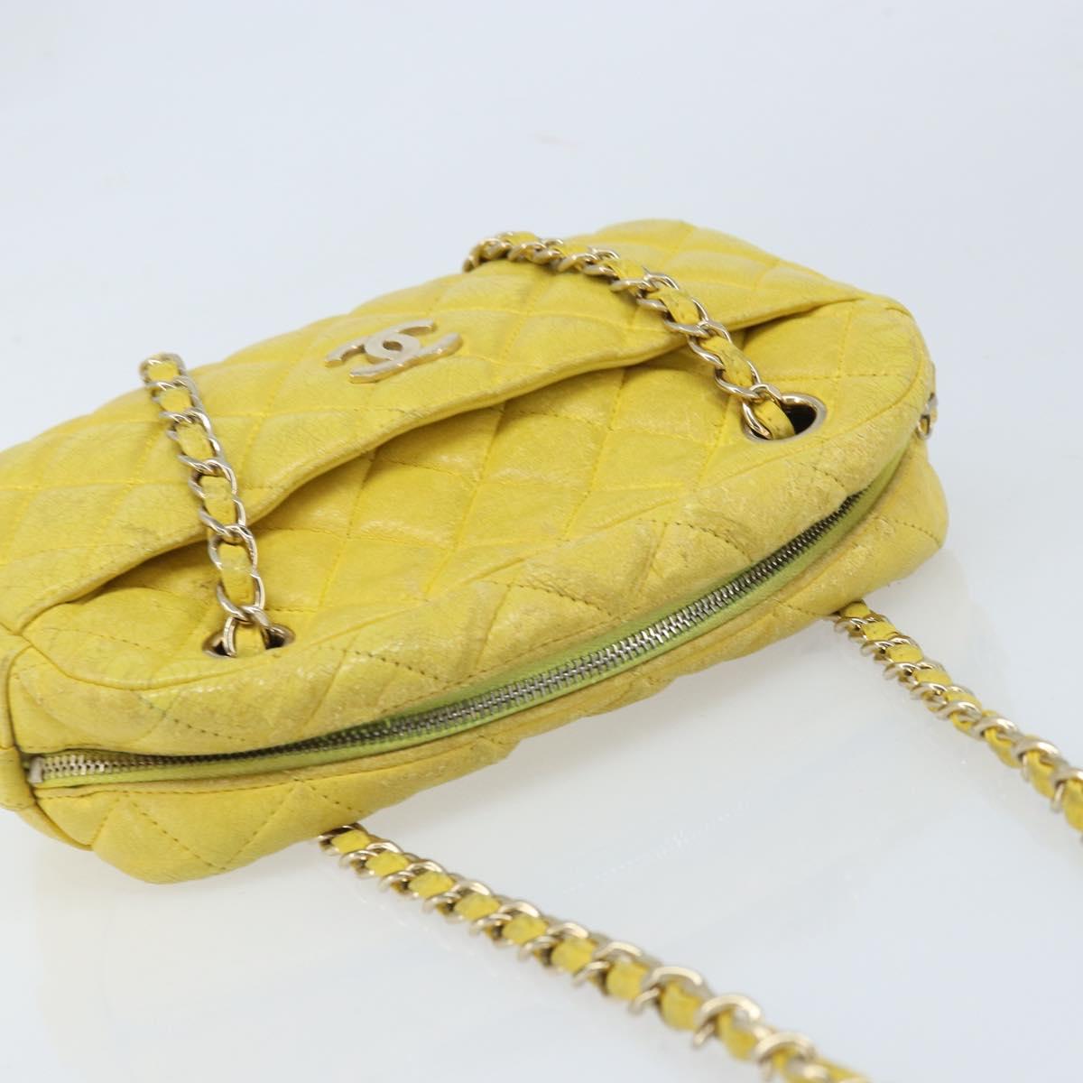 CHANEL Matelasse Chain Shoulder Bag Lamb Skin Yellow Gold CC Auth ARZ447