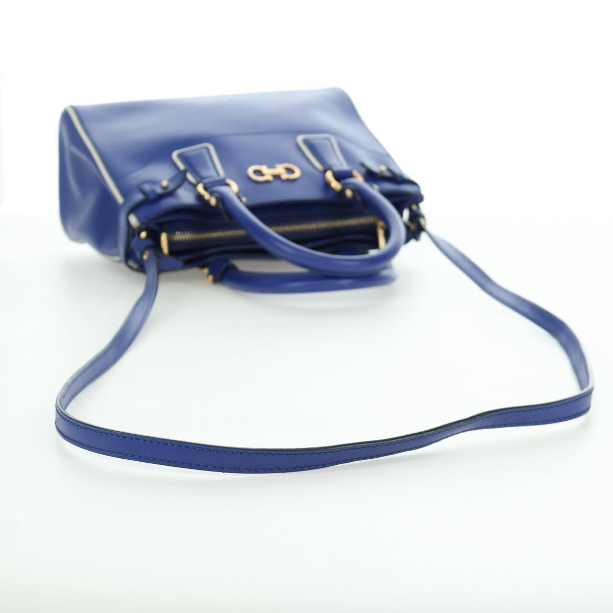 Salvatore Ferragamo Gancini Sofia Hand Bag Leather 2way Blue Gold Auth ARZ486A