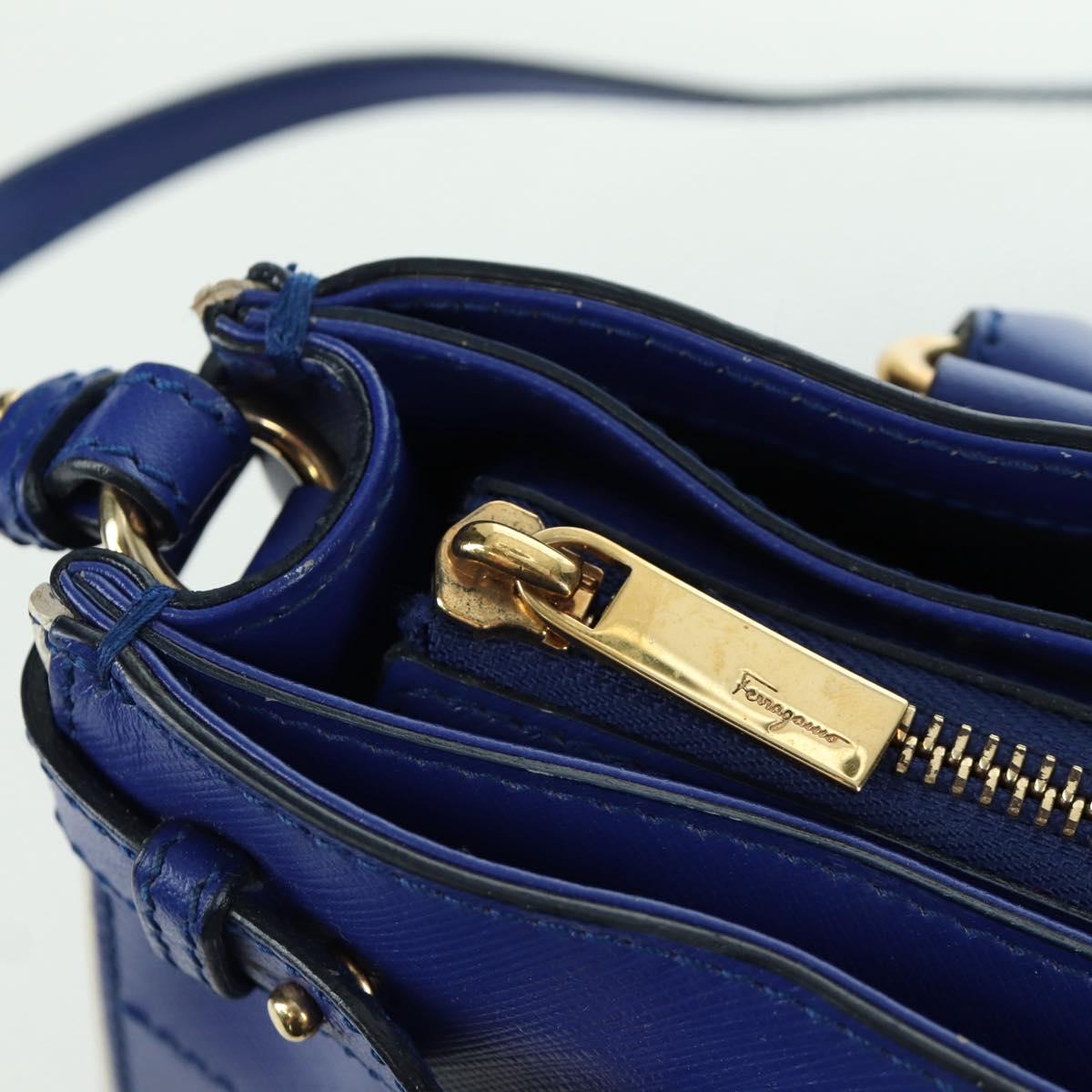 Salvatore Ferragamo Gancini Sofia Hand Bag Leather 2way Blue Gold Auth ARZ486A