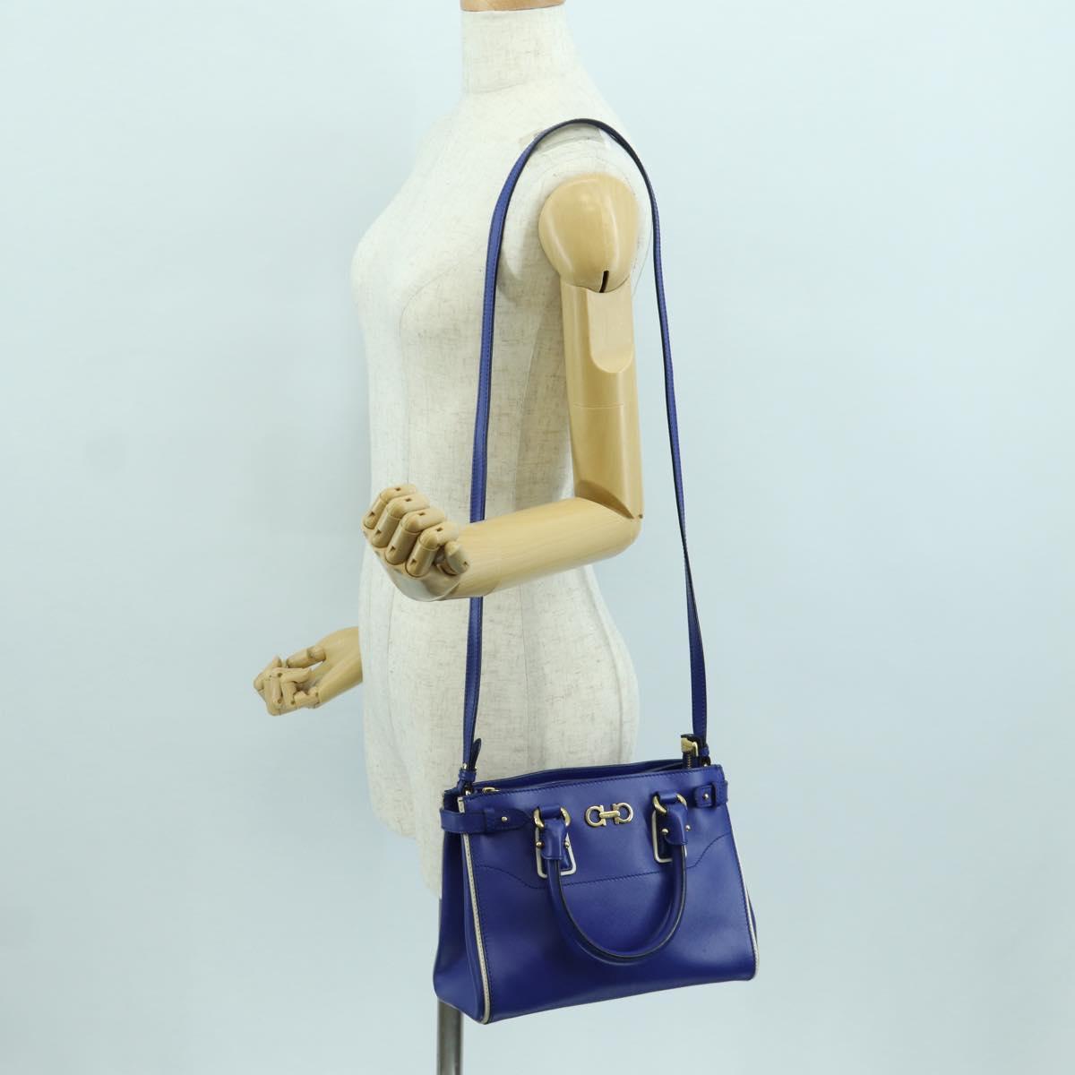Salvatore Ferragamo Gancini Sofia Hand Bag Leather 2way Blue Gold Auth ARZ486A