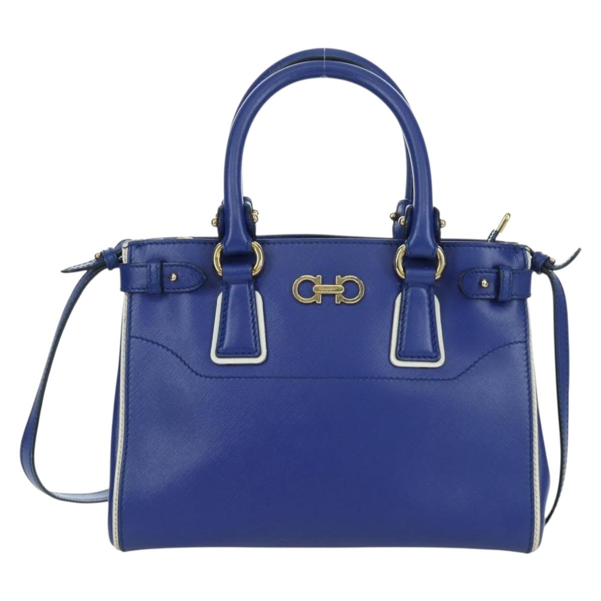 Salvatore Ferragamo Gancini Sofia Hand Bag Leather 2way Blue Gold Auth ARZ486A