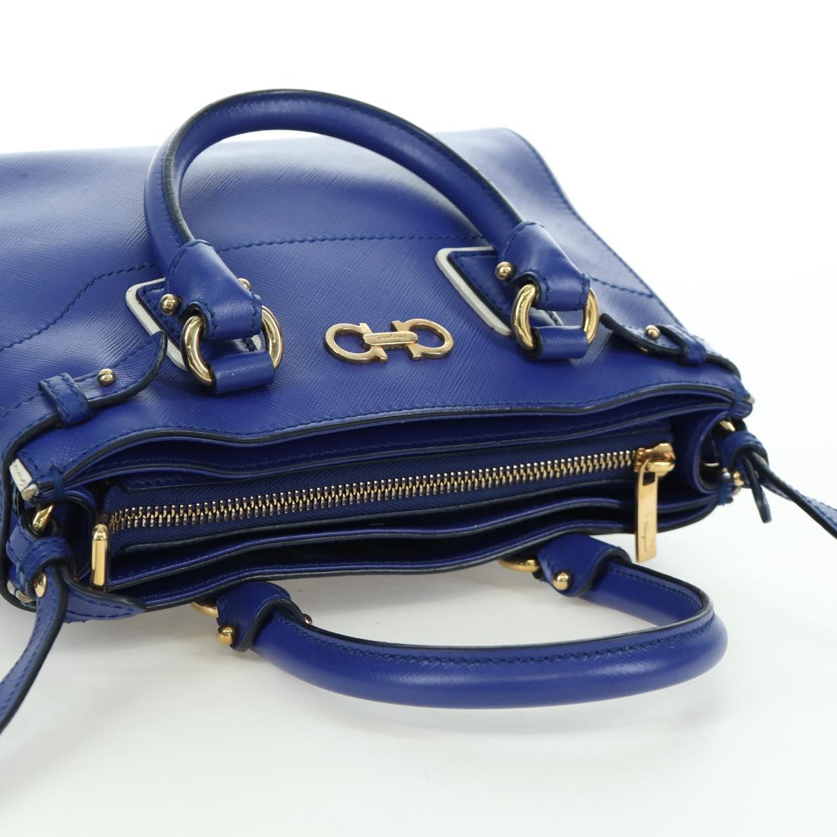 Salvatore Ferragamo Gancini Sofia Hand Bag Leather 2way Blue Gold Auth ARZ486A