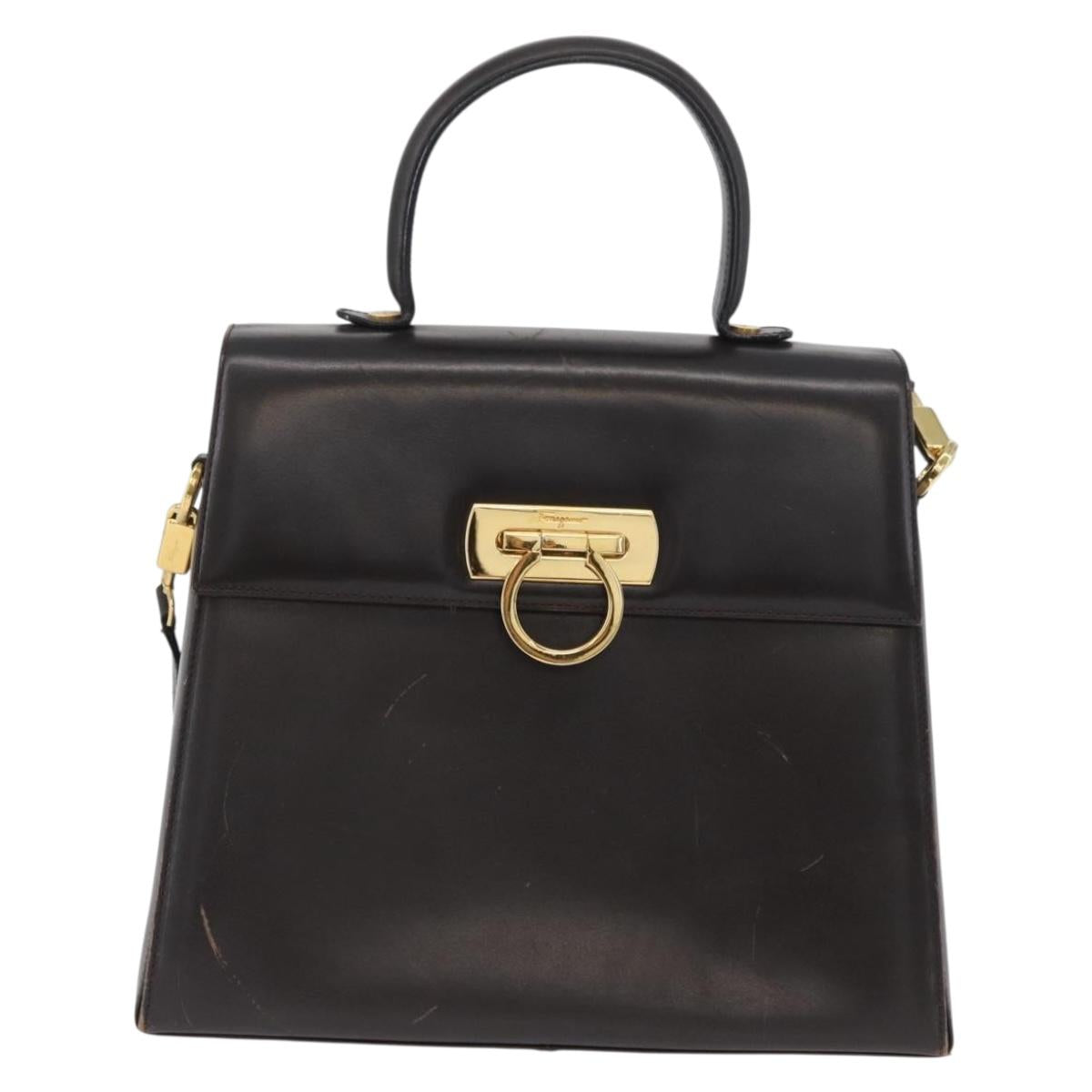 Salvatore Ferragamo Gancini Hand Bag Leather 2way Brown Gold Auth ARZ526