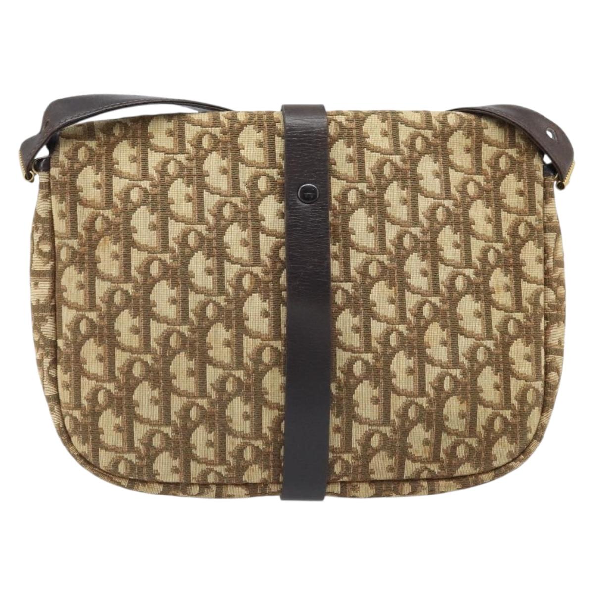 Christian Dior Trotter Canvas Shoulder Bag Beige Gold Auth ARZ539