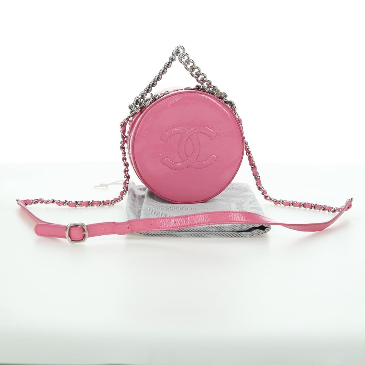 CHANEL Chain Shoulder Bag Patent leather Pink Silver CC Auth ARZ544SAM