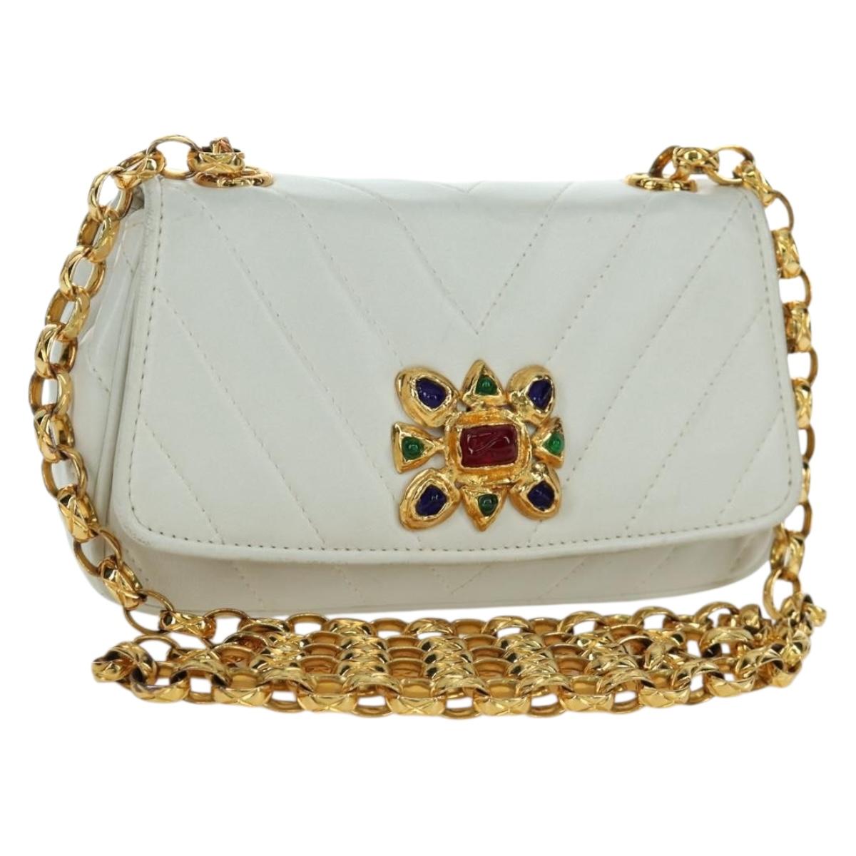 CHANEL Griboa V Stitch Chain Shoulder Bag Leather White Gold CC Auth ARZ551SAV