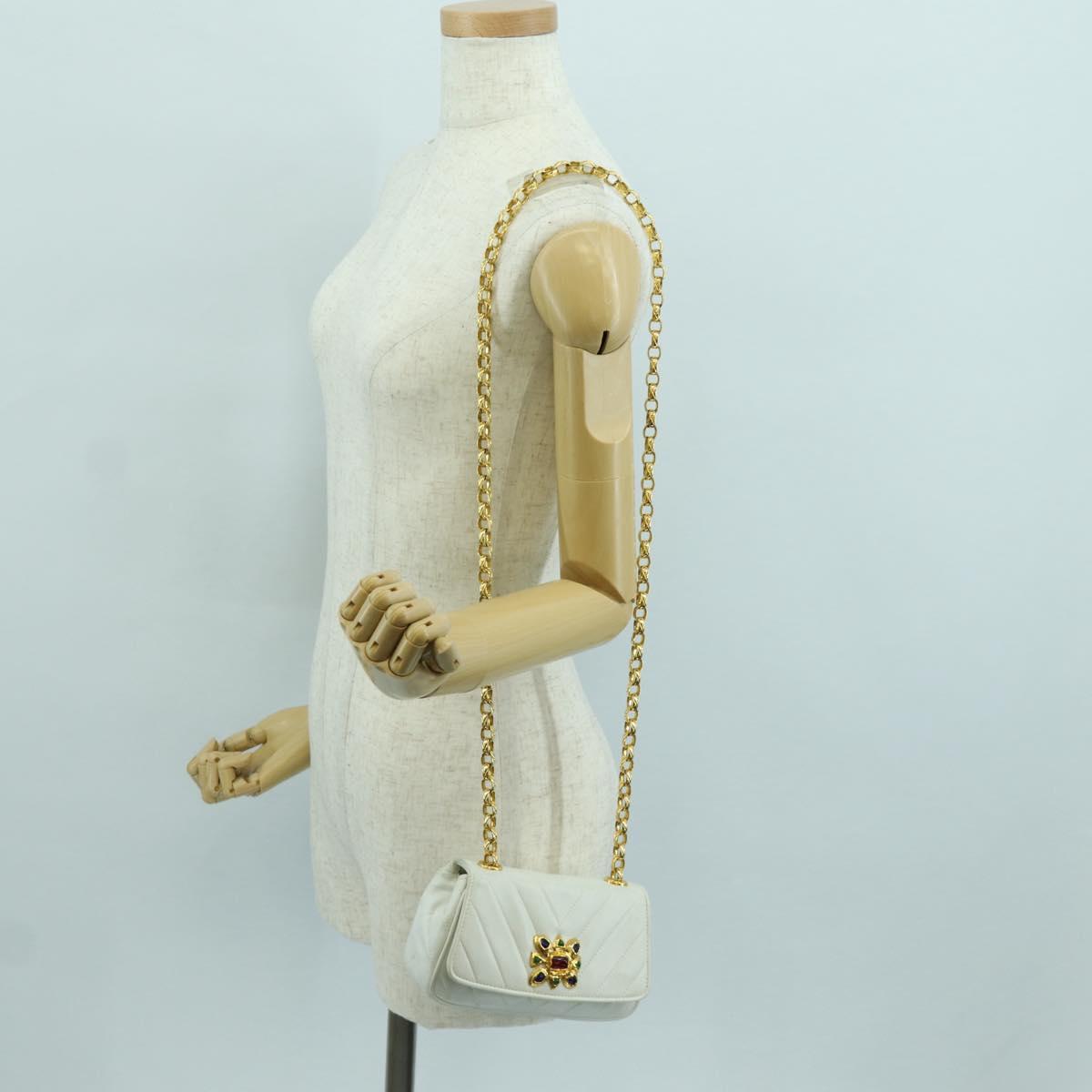 CHANEL Griboa V Stitch Chain Shoulder Bag Leather White Gold CC Auth ARZ551SAV