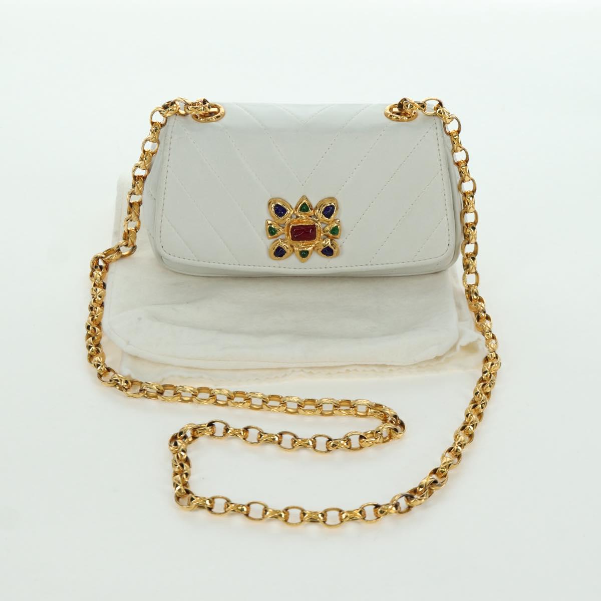 CHANEL Griboa V Stitch Chain Shoulder Bag Leather White Gold CC Auth ARZ551SAV