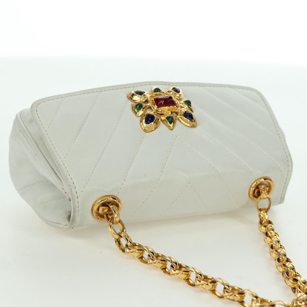 CHANEL Griboa V Stitch Chain Shoulder Bag Leather White Gold CC Auth ARZ551SAV