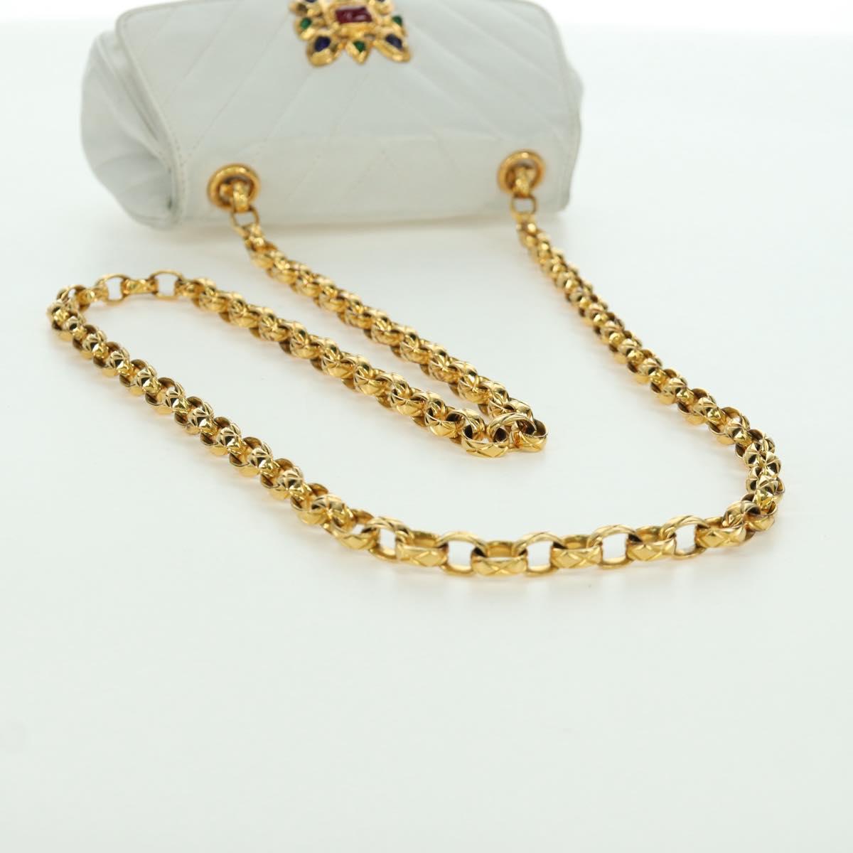 CHANEL Griboa V Stitch Chain Shoulder Bag Leather White Gold CC Auth ARZ551SAV