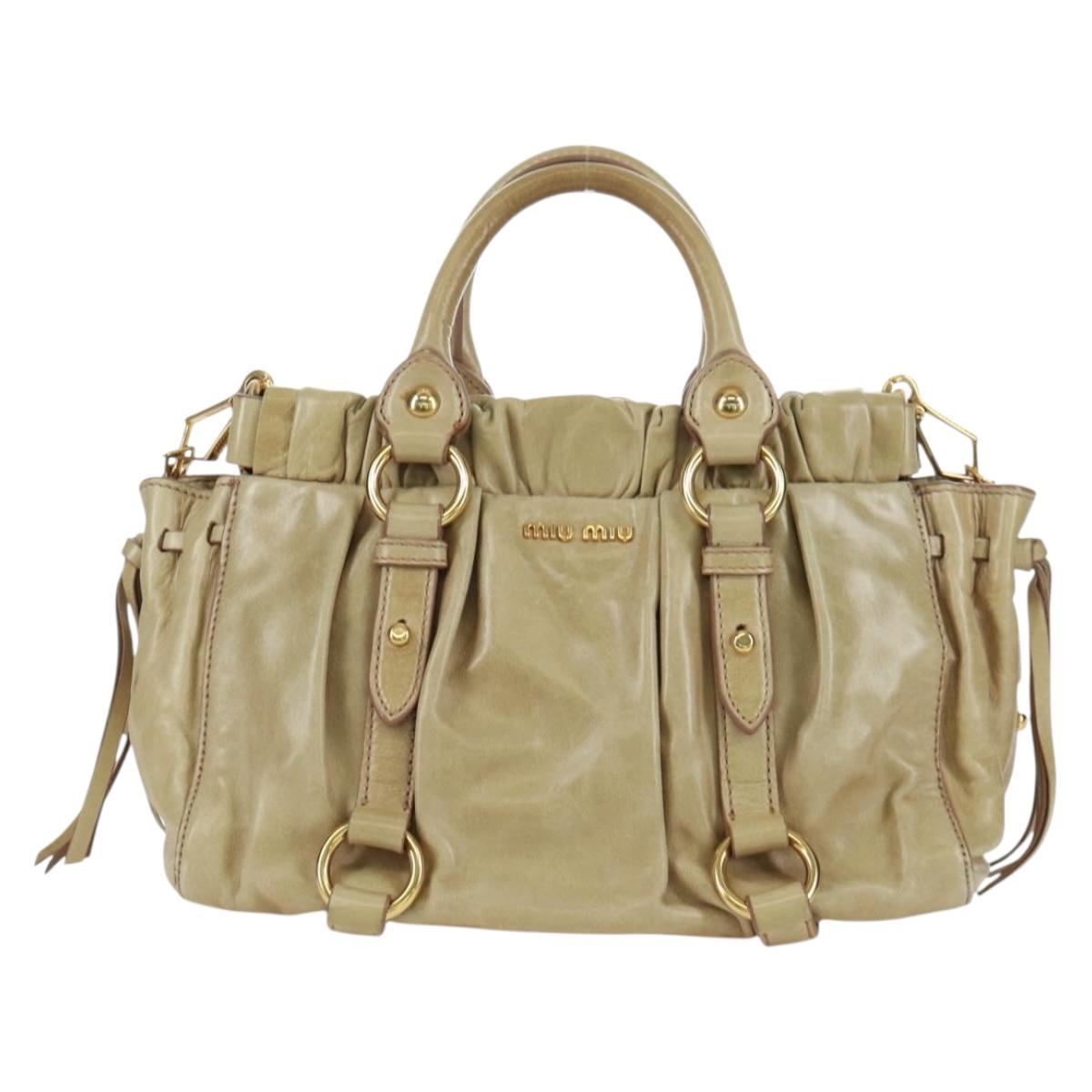 Miu Miu Hand Bag Leather 2way Beige Gold Auth ARZ589V
