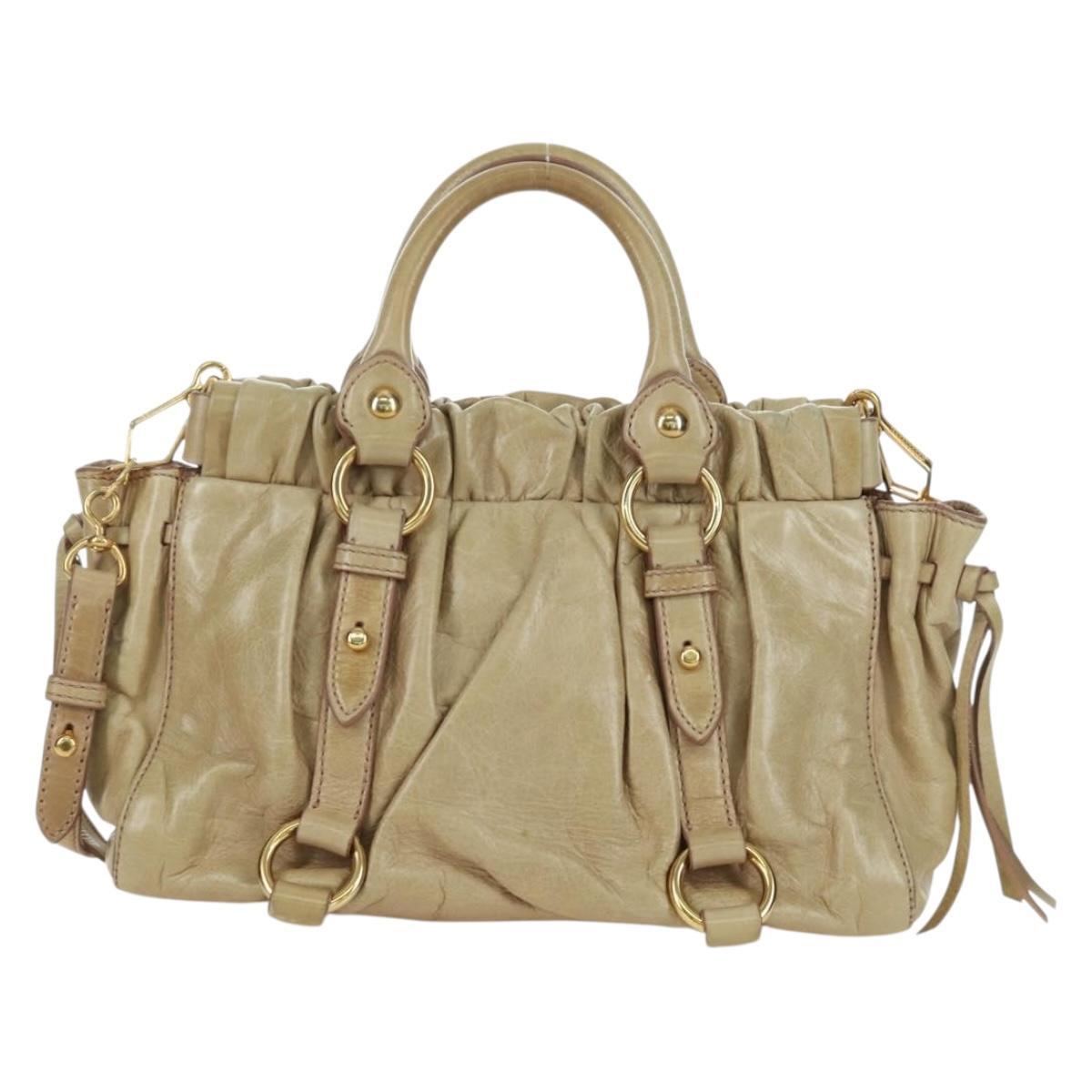 Miu Miu Hand Bag Leather 2way Beige Gold Auth ARZ589V