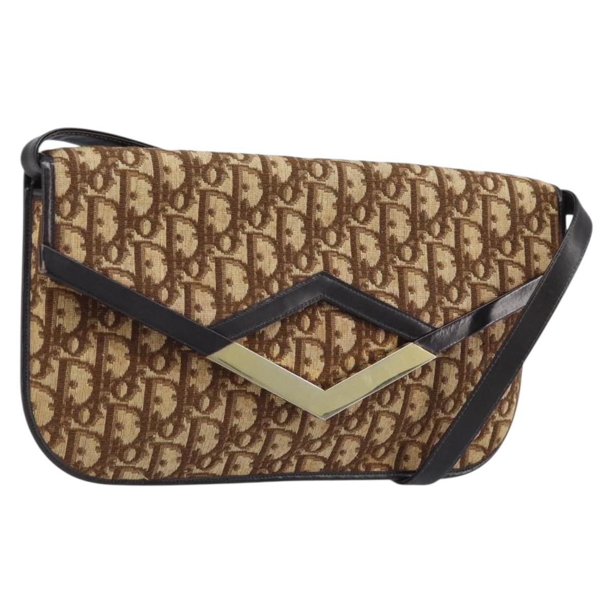 Christian Dior Trotter Canvas Shoulder Bag Brown Gold Auth ARZ598