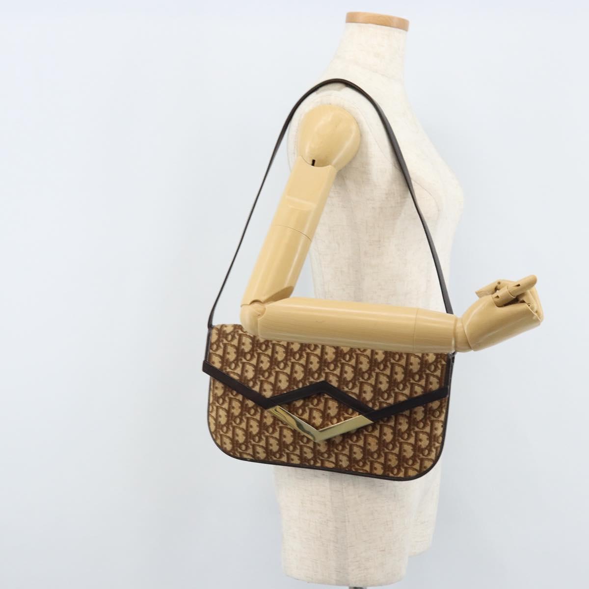 Christian Dior Trotter Canvas Shoulder Bag Brown Gold Auth ARZ598