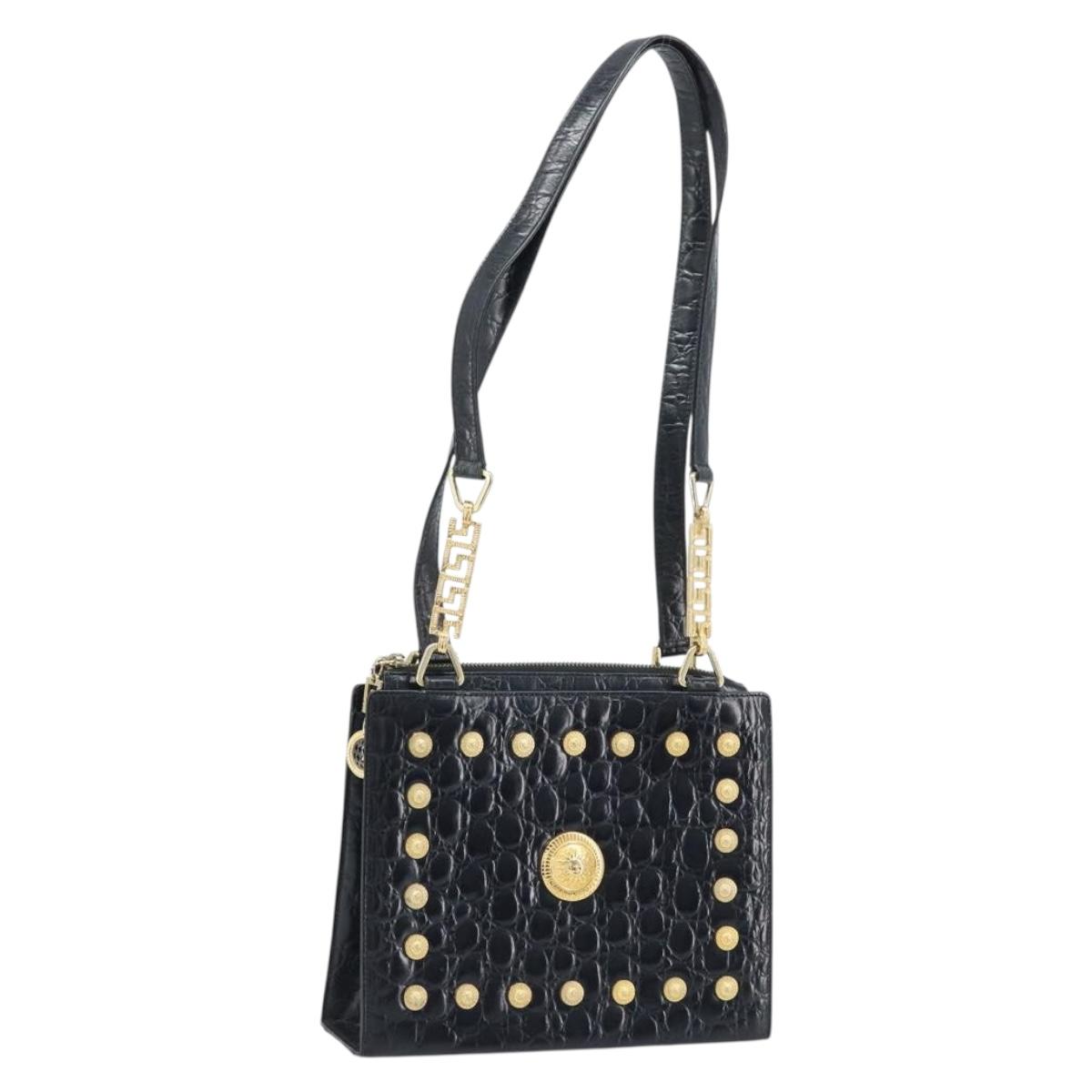 Gianni Versace Shoulder Bag Embossed leather Black Gold Auth ARZ600A