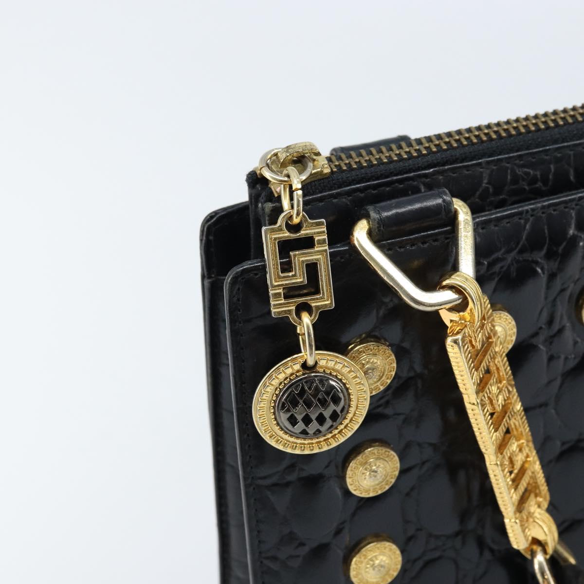 Gianni Versace Shoulder Bag Embossed leather Black Gold Auth ARZ600A