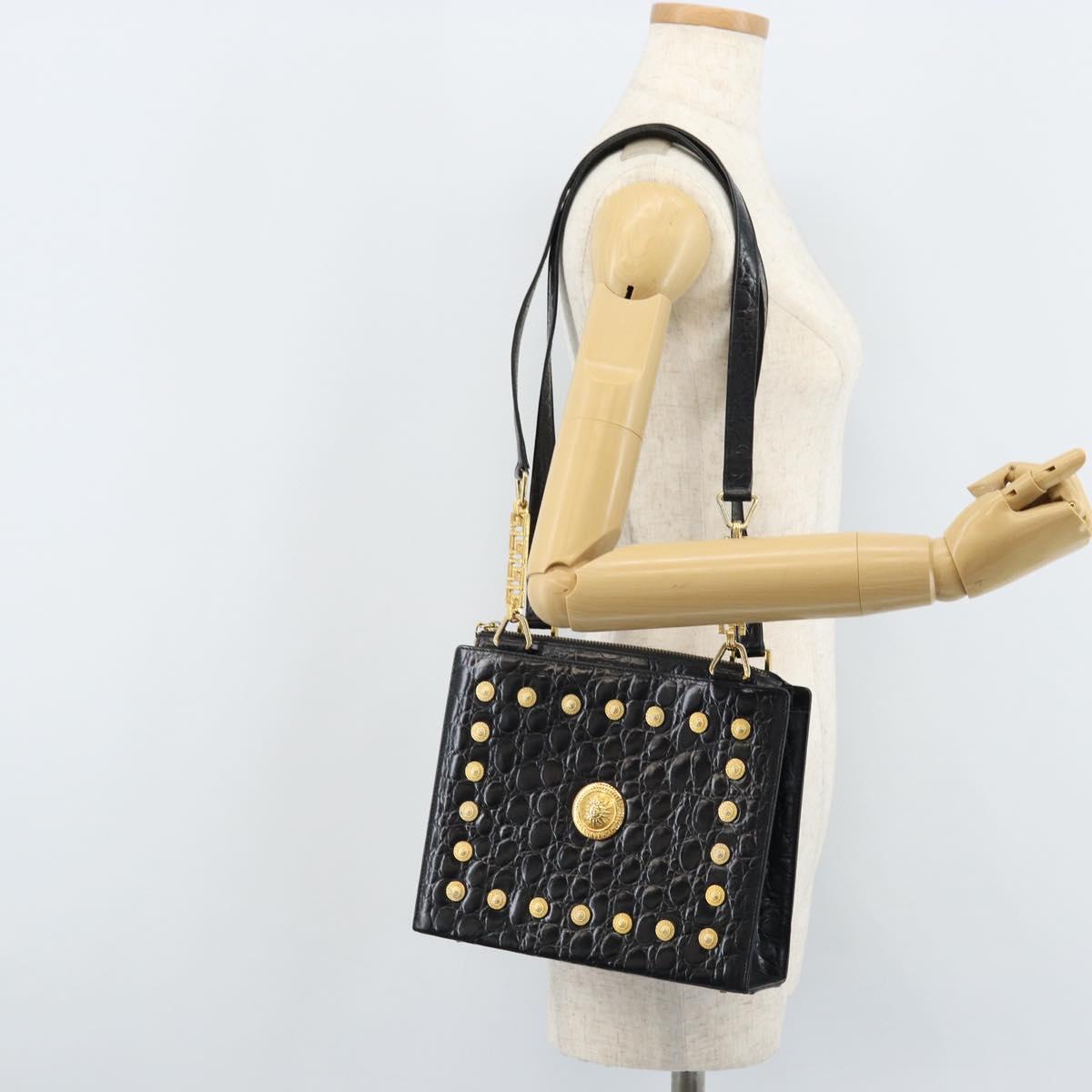 Gianni Versace Shoulder Bag Embossed leather Black Gold Auth ARZ600A