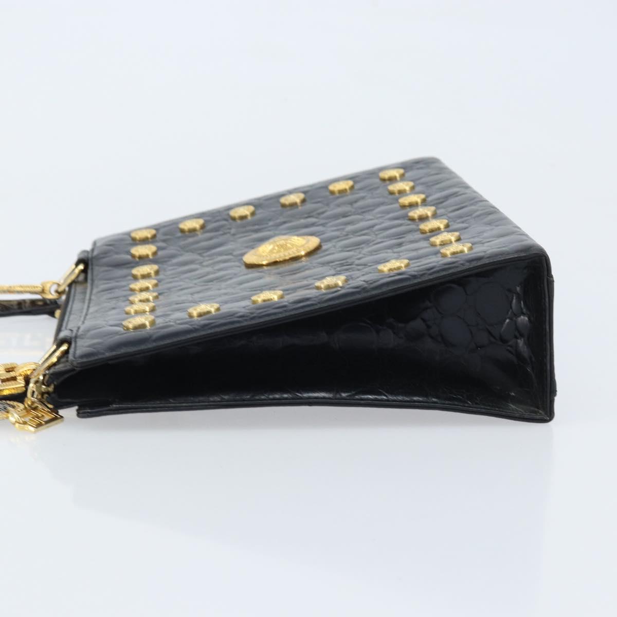 Gianni Versace Shoulder Bag Embossed leather Black Gold Auth ARZ600A