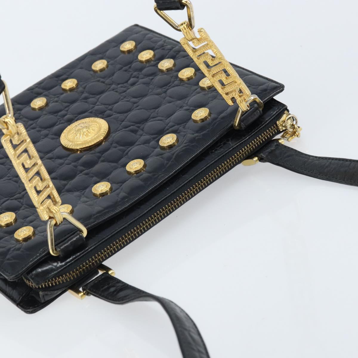 Gianni Versace Shoulder Bag Embossed leather Black Gold Auth ARZ600A