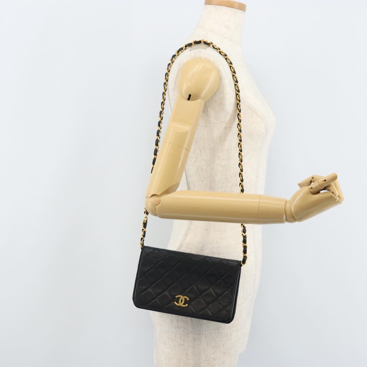 CHANEL Matelasse Chain Shoulder Bag Lamb Skin Black Gold CC Auth ARZ605