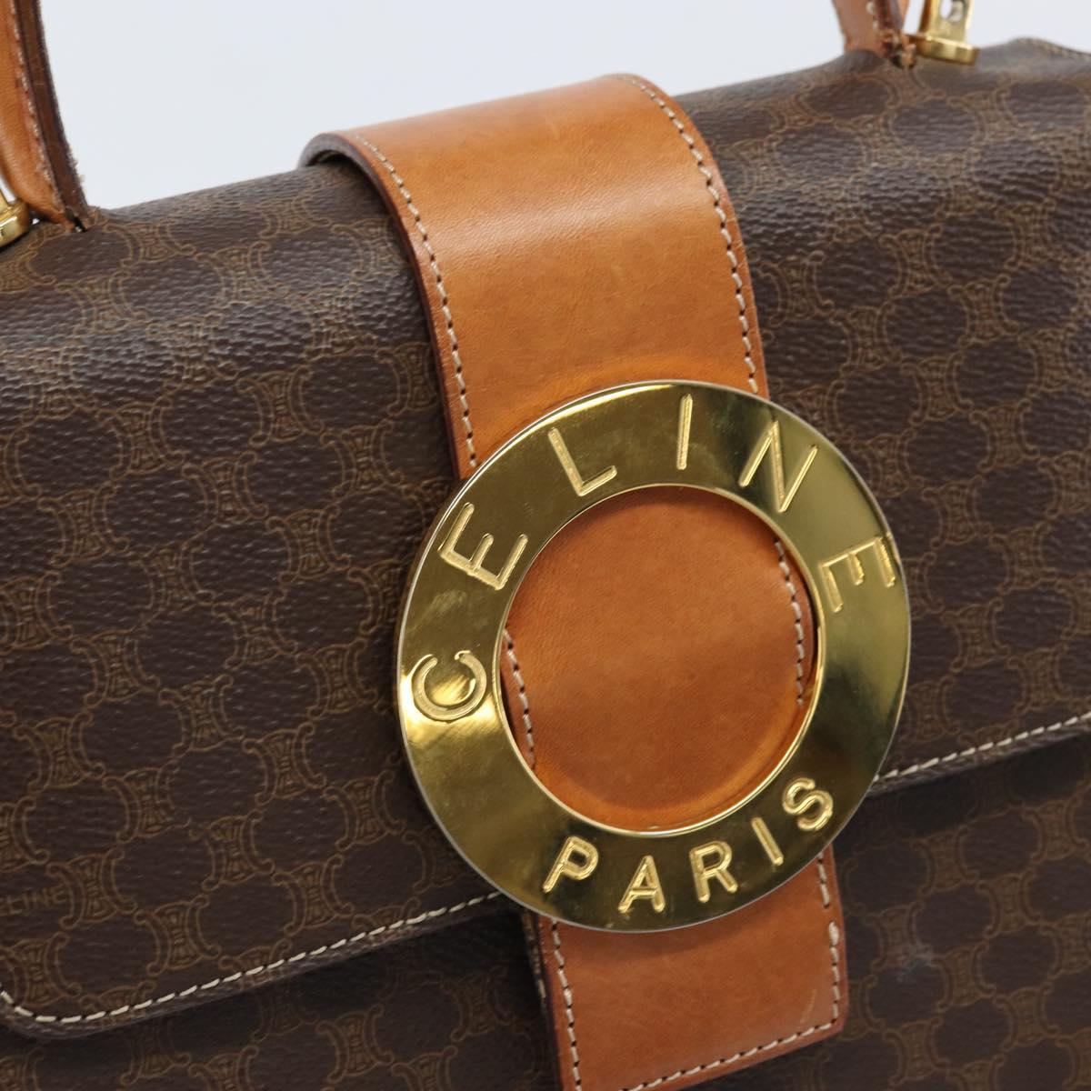 CELINE Macadam Canvas Hand Bag PVC 2way Gold Brown Auth ARZ616A