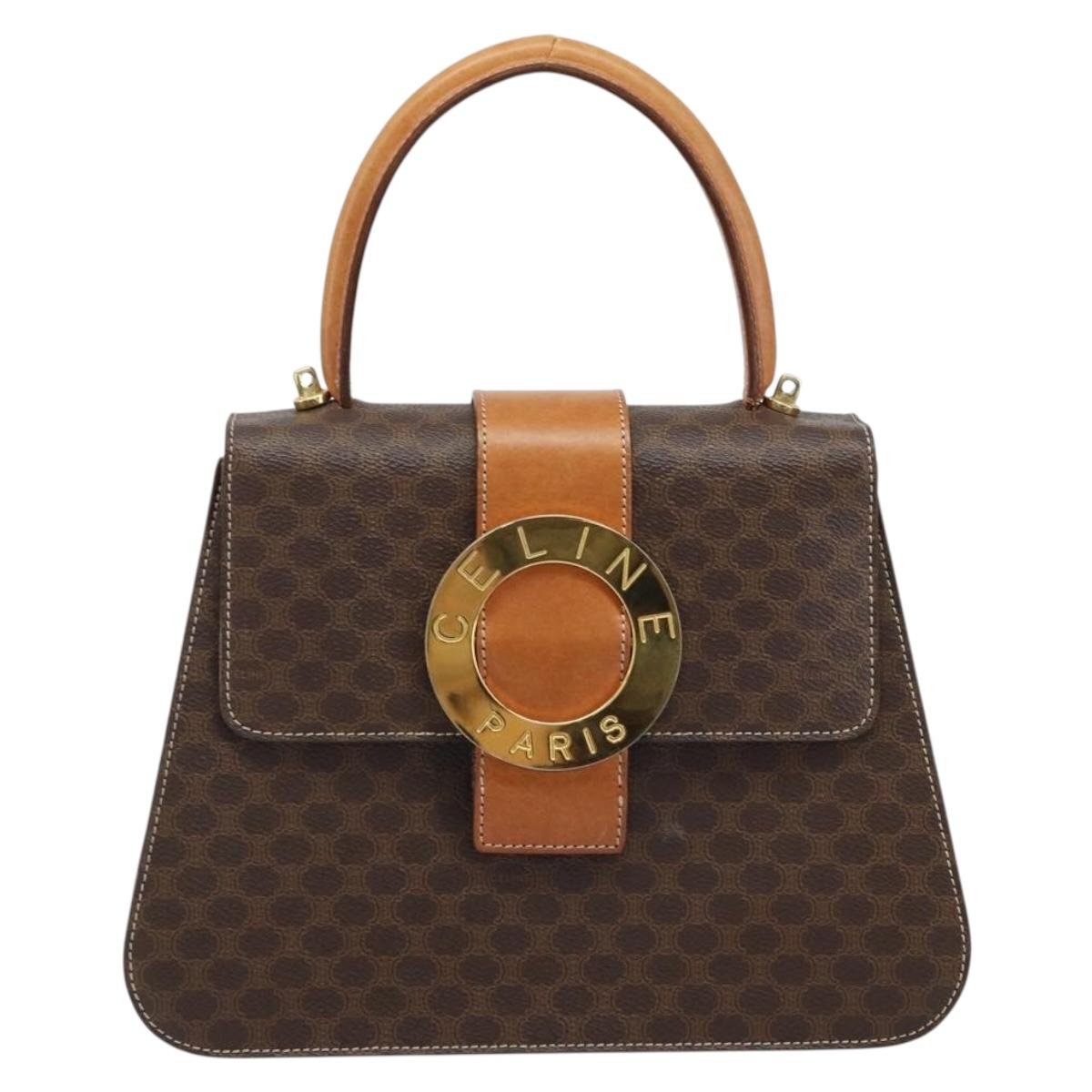 CELINE Macadam Canvas Hand Bag PVC 2way Gold Brown Auth ARZ616A