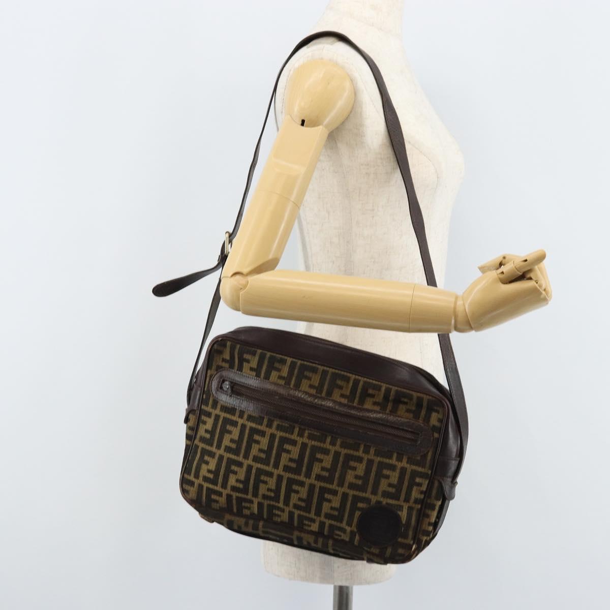 FENDI Zucca Canvas Shoulder Bag Black Brown Auth ARZ659