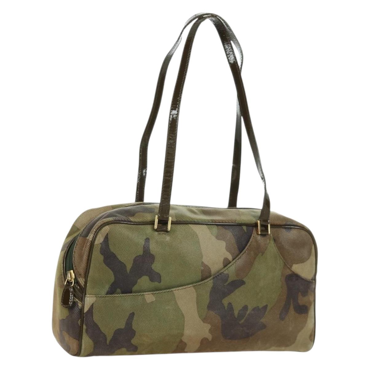 Christian Dior Camouflage Hand Bag Suede Khaki Gold Auth ARZ664SAV