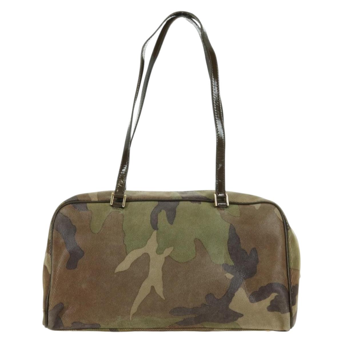 Christian Dior Camouflage Hand Bag Suede Khaki Gold Auth ARZ664SAV