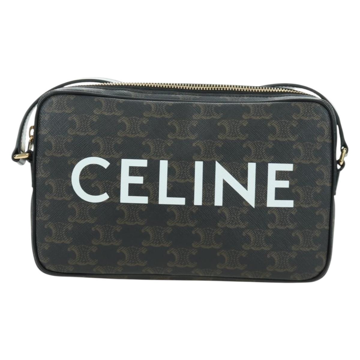 CELINE Triomphe Medium Messenger bag Shoulder Bag PVC Black Gold Auth ARZ678SAM