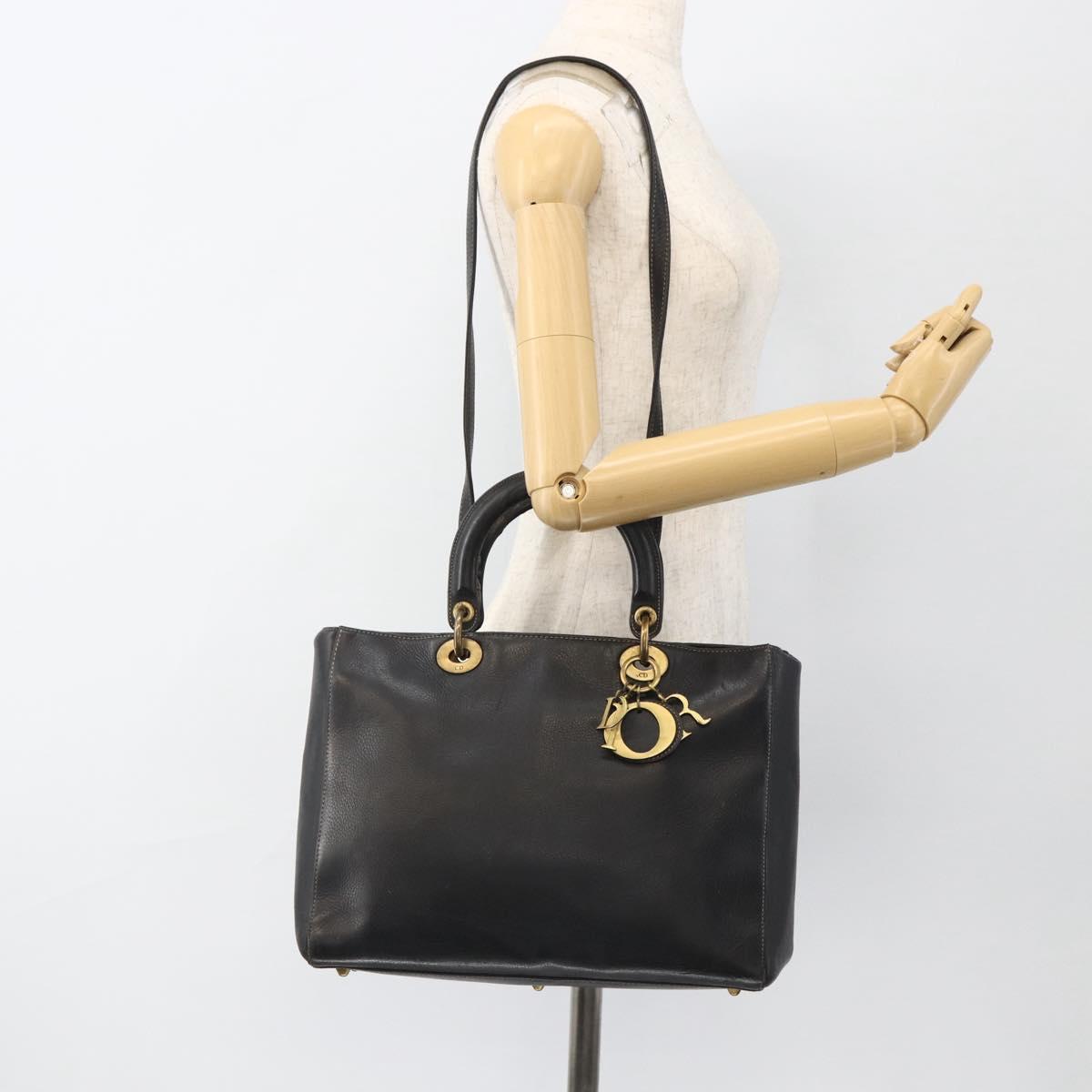 Christian Dior Lady Dior Tote Bag Leather 2way Black Gold Auth ARZ701